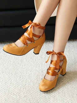 Discount Retro Stage Vintage Mary Jane Ribbon Wrap Up Chunky Heels