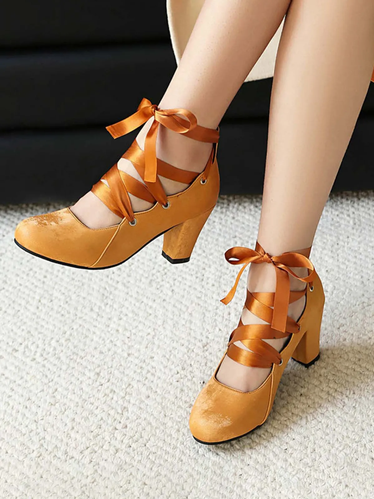 Discount Retro Stage Vintage Mary Jane Ribbon Wrap Up Chunky Heels