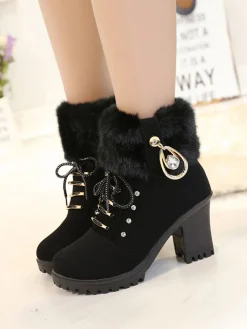 Best Retro Stage Vintage Nubuck Leather Plush Chunky Heel Boots