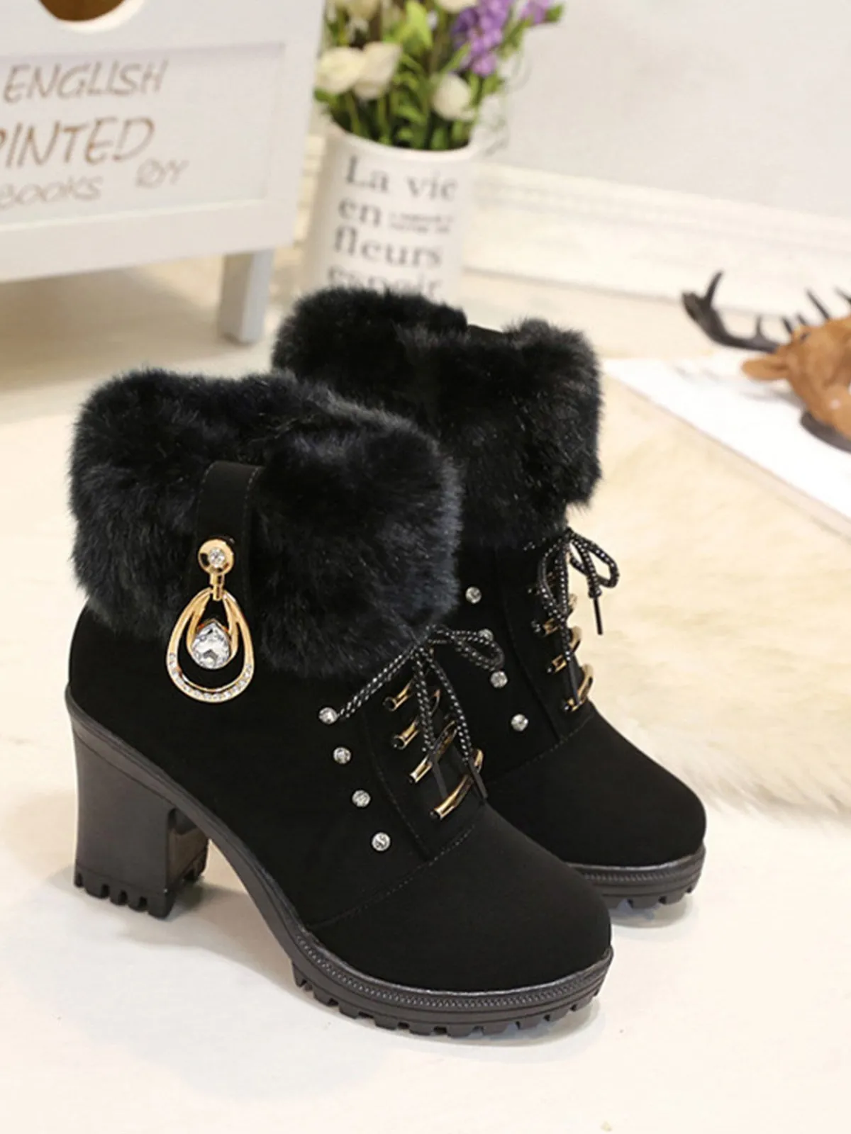Best Retro Stage Vintage Nubuck Leather Plush Chunky Heel Boots