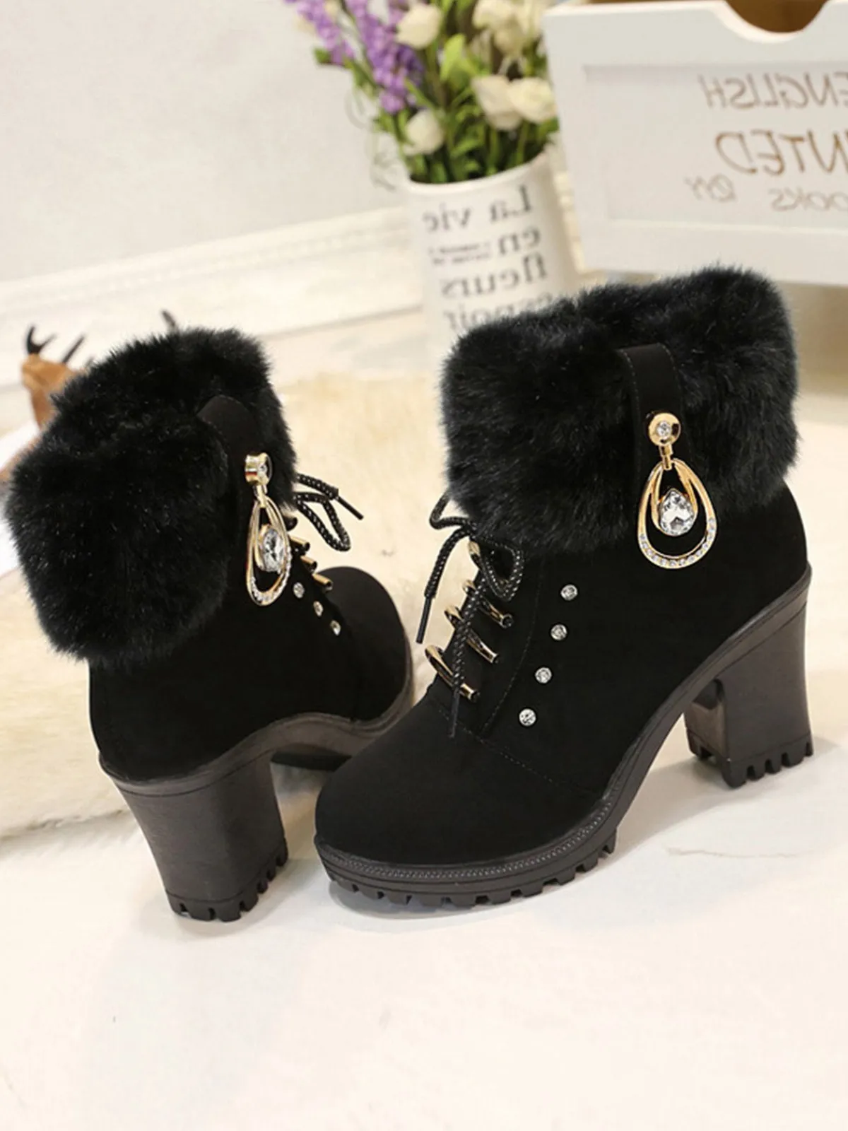 Best Retro Stage Vintage Nubuck Leather Plush Chunky Heel Boots