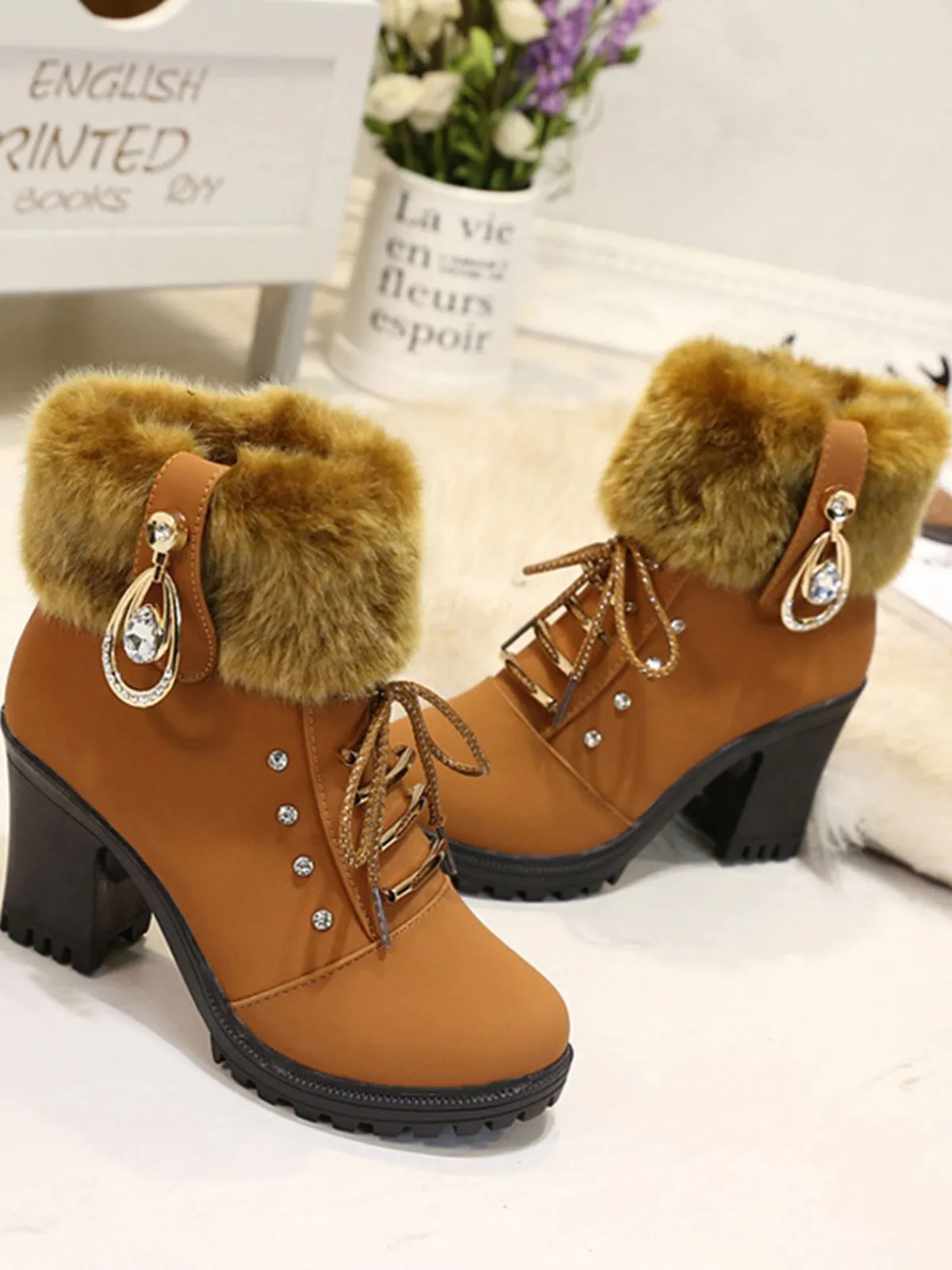 Best Retro Stage Vintage Nubuck Leather Plush Chunky Heel Boots