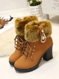 Best Retro Stage Vintage Nubuck Leather Plush Chunky Heel Boots