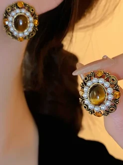 Sale Retro Stage Vintage Olive Yellow Diamond Pearl Earrings