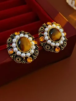 Sale Retro Stage Vintage Olive Yellow Diamond Pearl Earrings