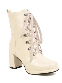 Best Retro Stage Vintage Patent Leather Lace-Up High Heel Boots