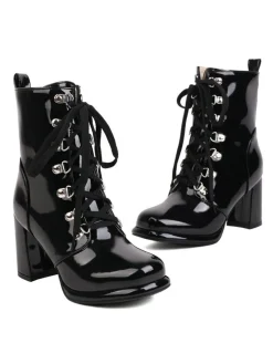 Best Retro Stage Vintage Patent Leather Lace-Up High Heel Boots