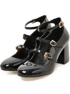 Outlet Retro Stage Vintage Patent Leather Multi Buckle High Heels