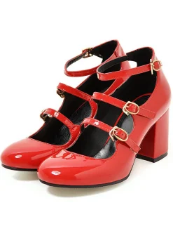 Outlet Retro Stage Vintage Patent Leather Multi Buckle High Heels