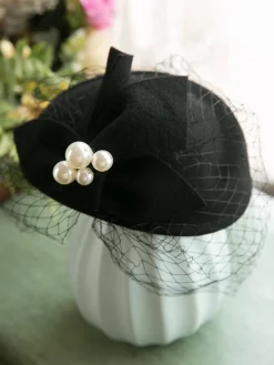 Sale Retro Stage Vintage Pearl Decor Mesh Berets Woolen Hat