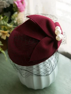 Fashion Retro Stage Vintage Pearl Decor Mesh Berets Woolen Hat