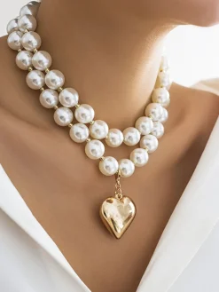 Sale Retro Stage Vintage Pearl Heart Pendant Necklace