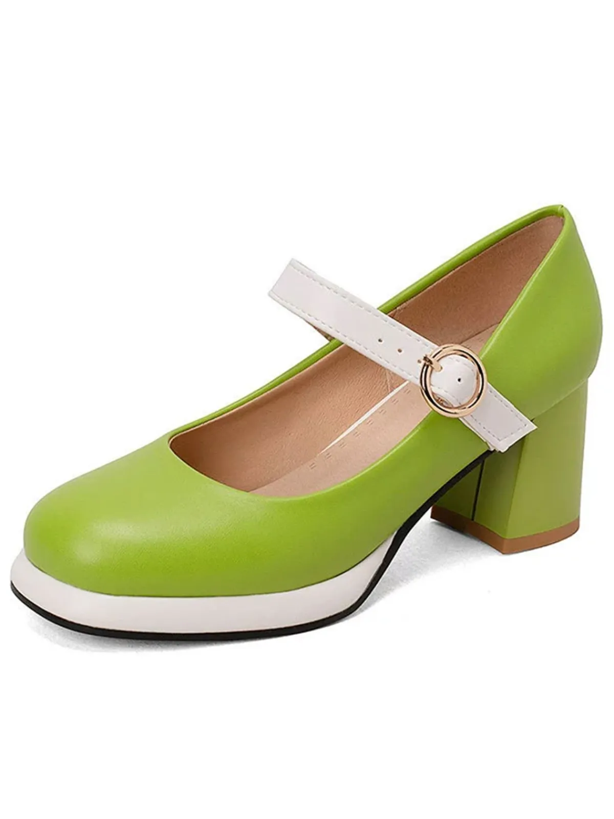 New Retro Stage Vintage PU Round Toe Mary Janes Chunky Heels