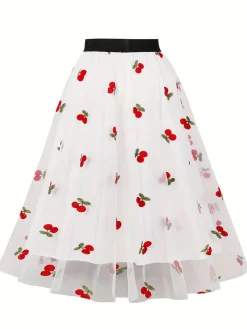 Sale Retro Stage Vintage 1950s Mesh Red Cherry Skirt