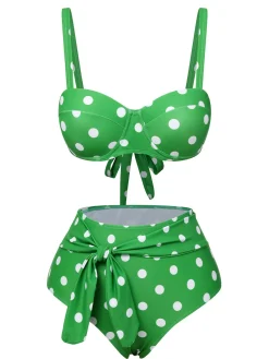 New Retro Stage Vintage 1950s Polka Dots Strap Swimsuit Green