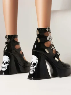 New Retro Stage Vintage Skull Steampunk Gothic High Heel Shoes Black