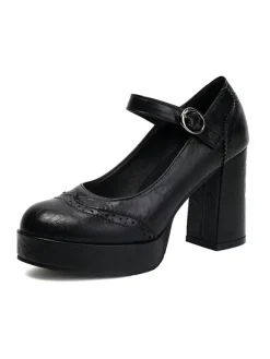Online Retro Stage Vintage Solid Round Toe Buckle Chunky Heels