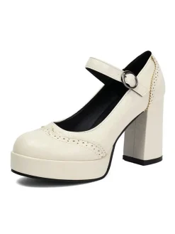 Online Retro Stage Vintage Solid Round Toe Buckle Chunky Heels