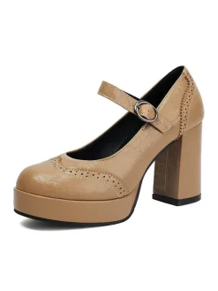 Online Retro Stage Vintage Solid Round Toe Buckle Chunky Heels