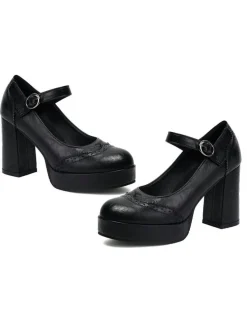 Online Retro Stage Vintage Solid Round Toe Buckle Chunky Heels