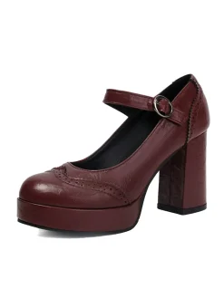 Online Retro Stage Vintage Solid Round Toe Buckle Chunky Heels