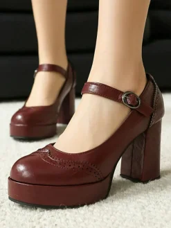 Online Retro Stage Vintage Solid Round Toe Buckle Chunky Heels