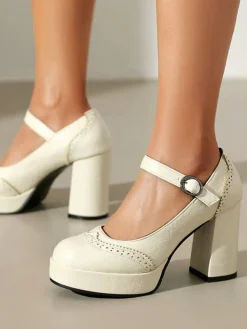 Online Retro Stage Vintage Solid Round Toe Buckle Chunky Heels