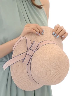 Discount Retro Stage Vintage Straw Dome Bow Beach Sun Hat
