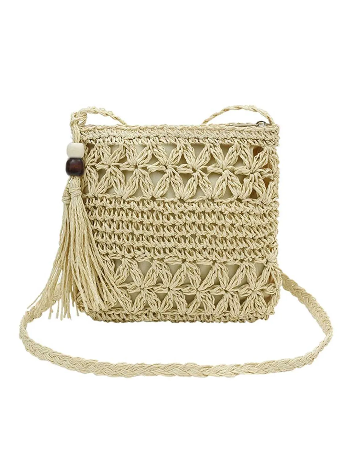 Hot Retro Stage Vintage Straw Wooden Beads Crossbody Bag