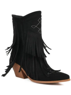 Hot Retro Stage Vintage Tassel Mid Heel Flannelette Boots
