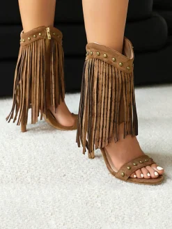 New Retro Stage Vintage Tassel Studded Stiletto Boots
