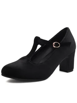 Hot Retro Stage Vintage Velvet T-Strap Chunky Heel Shoes