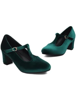 Hot Retro Stage Vintage Velvet T-Strap Chunky Heel Shoes