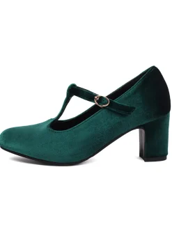 Hot Retro Stage Vintage Velvet T-Strap Chunky Heel Shoes