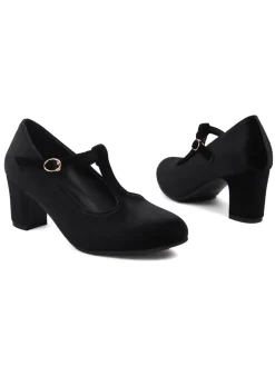 Hot Retro Stage Vintage Velvet T-Strap Chunky Heel Shoes
