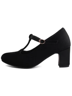 Hot Retro Stage Vintage Velvet T-Strap Chunky Heel Shoes