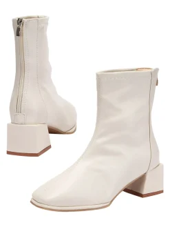 Outlet Retro Stage Vintage Leather Square Toe Heeled Boots White