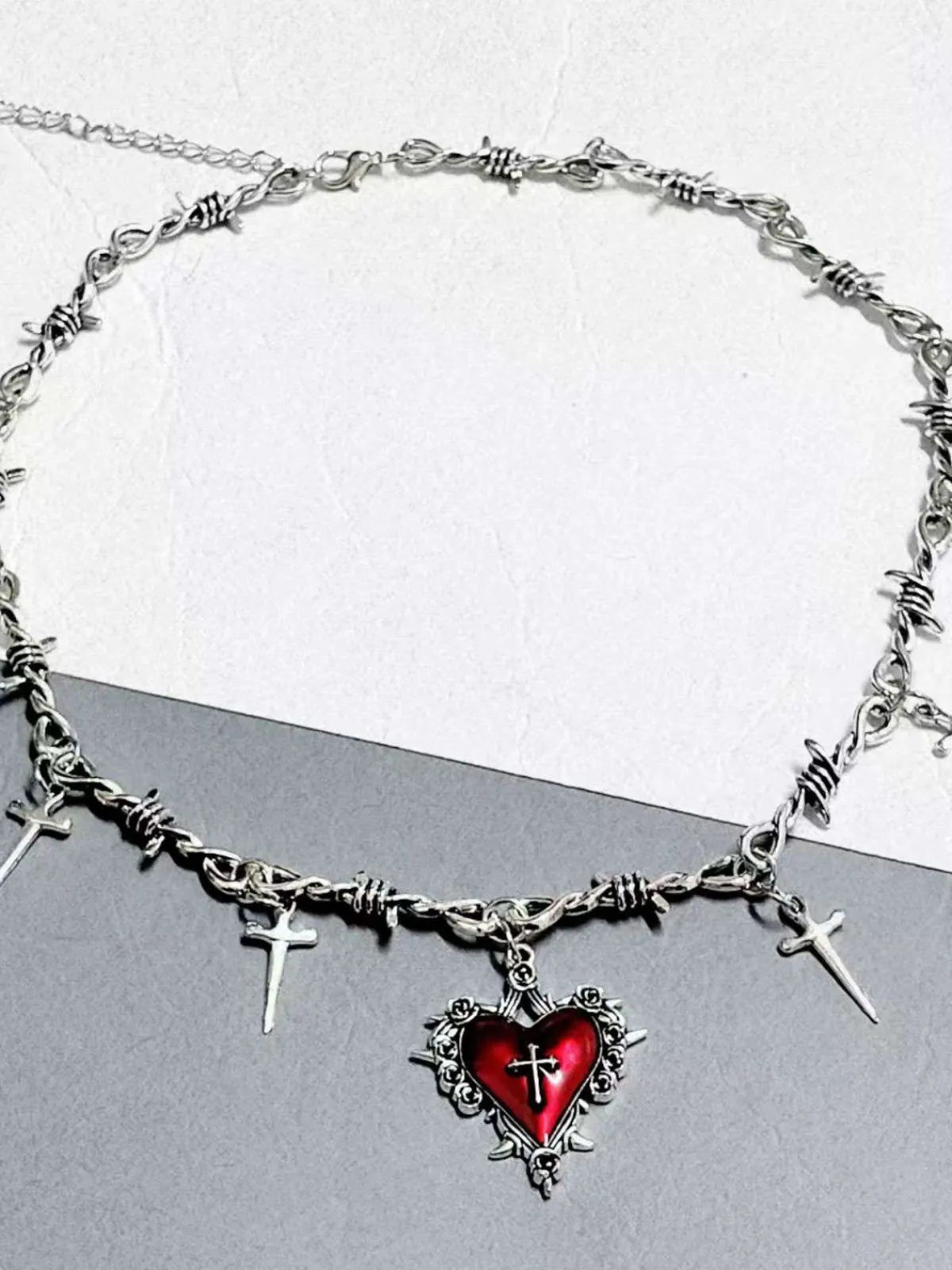 Fashion Retro Stage Vintage Wine Red Heart Cross Necklace
