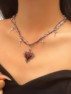 Fashion Retro Stage Vintage Wine Red Heart Cross Necklace