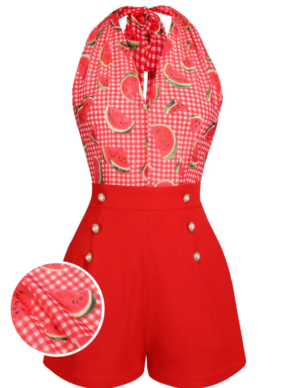 Online Retro Stage Watermelon 1950s Halter Patchwork Romper Red