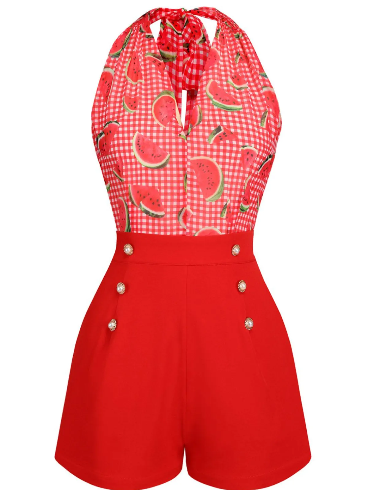 Online Retro Stage Watermelon 1950s Halter Patchwork Romper Red