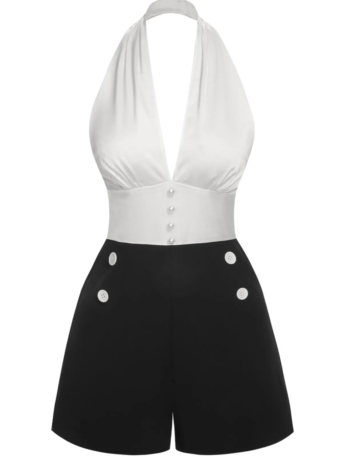Discount Retro Stage & Black 1950s Deep-V Halter Romper White