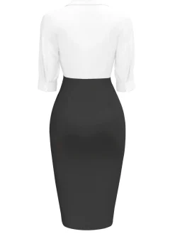 New Retro Stage 1960s Notched Collar Ruched Bodycon Dress White & Black