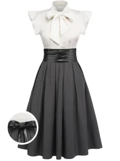 New Retro Stage 1950s Lace-Up Swing Dress White & Gray