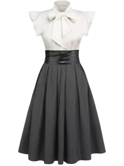 New Retro Stage 1950s Lace-Up Swing Dress White & Gray