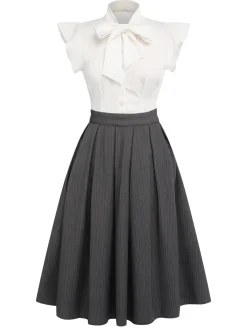 New Retro Stage 1950s Lace-Up Swing Dress White & Gray