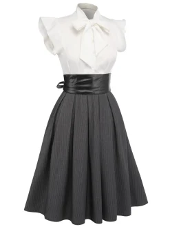 New Retro Stage 1950s Lace-Up Swing Dress White & Gray