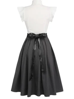 New Retro Stage 1950s Lace-Up Swing Dress White & Gray