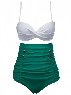Hot Retro Stage White & 1950s High-Waist Ruched Bikini Set Green
