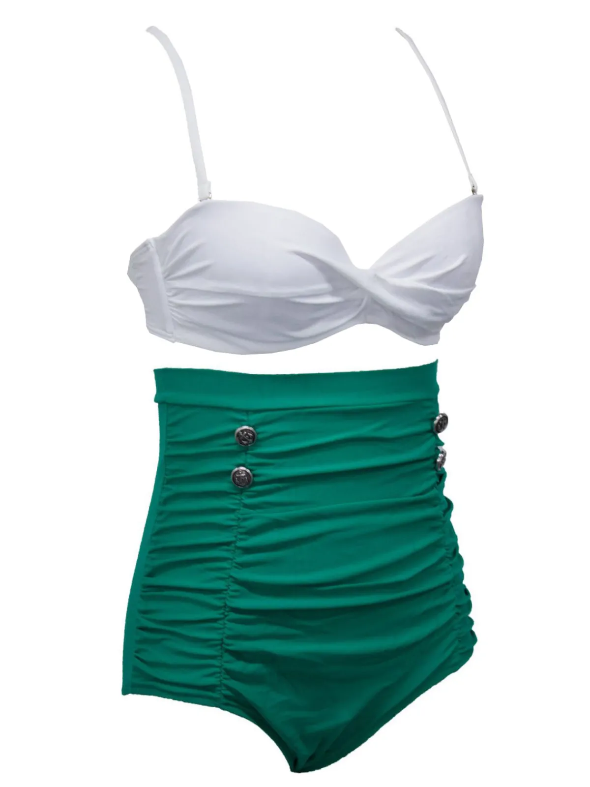 Hot Retro Stage White & 1950s High-Waist Ruched Bikini Set Green
